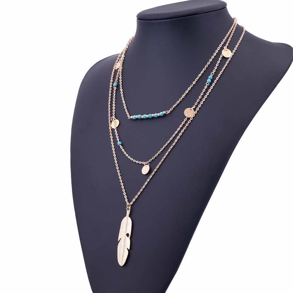 collier 3 rang bohème plume turquoise